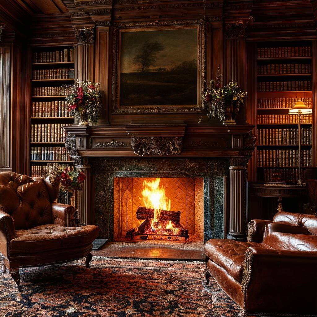 I want a picture of a roaring fireplace in an old world library that connotes wealth, luxury and convenience